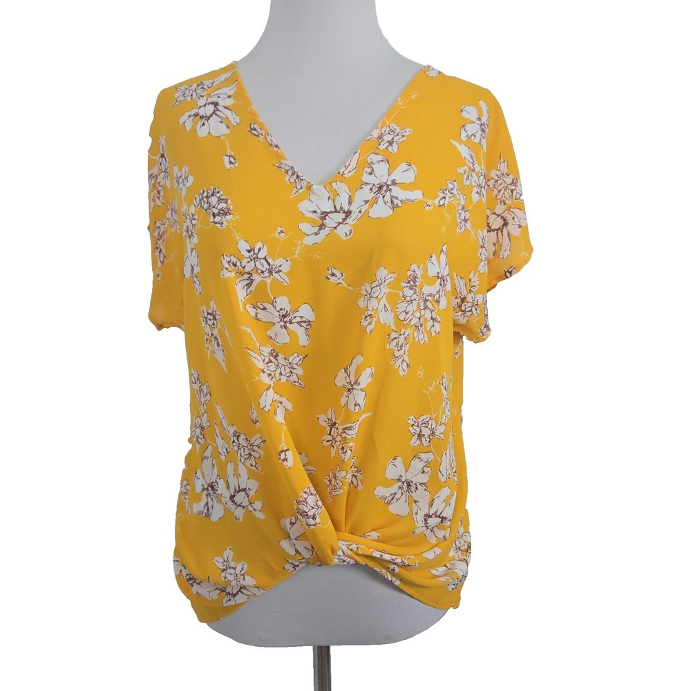 West Kei Women's XS Yellow Floral Chiffon‎ Twist Knot Front Blouse Top